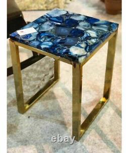 Blue Agate Console Table Top, Corner Agate End Table Top, Modern Furniture Decor