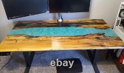 Blue river epoxy console computer desk, wooden live edge office furniture decor