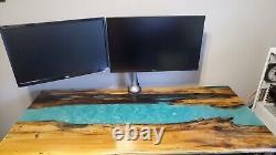 Blue river epoxy console computer desk, wooden live edge office furniture decor