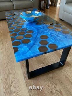 Blue river honeycomb epoxy dining table, wooden custom made living room decor