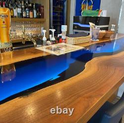 Clear Blue Epoxy Console Bar & Restaurant Counter Top, Wooden Counter Top Decor