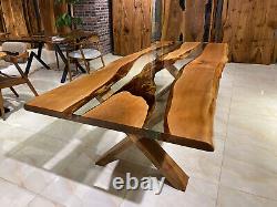 Clear Epoxy Live Edge Walnut Table, Resin Dining Office Table, Meeting Desk Deco