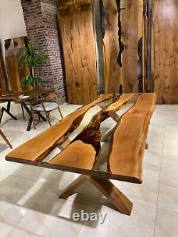 Clear Epoxy Live Edge Walnut Table, Resin Dining Office Table, Meeting Desk Deco