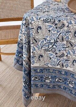 Gray Floral Design Handmade Block Printed Table Cover 6 Seater Tablecloth, Gift
