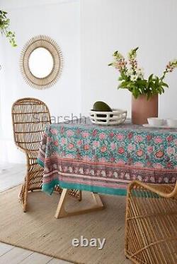 Green Floral Block Printed Handmade Table Cover For Christmas Décor Table Cloth