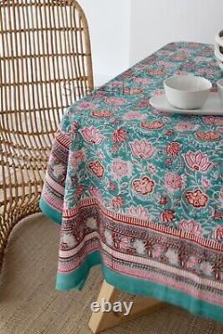 Green Floral Block Printed Handmade Table Cover For Christmas Décor Table Cloth
