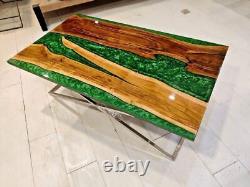 Green resin dining table, epoxy custom wooden computer desk furniture decor