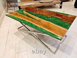 Green resin dining table, epoxy custom wooden computer desk furniture decor