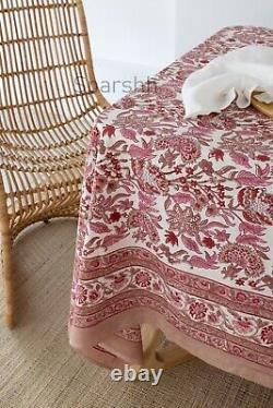 Indian Hand Block Printed Table Cover Floral Boho Garden Dining Décor Tablecloth