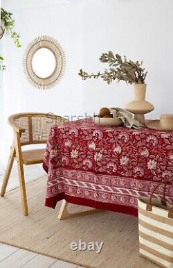 Indian Handmade Block Printed Red Floral Design Table Cover For Dining Decor