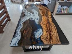 Ocean Black Epoxy Dining Table, Wooden Live Edge Modern Furniture Table Decor