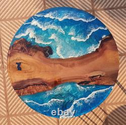 Ocean Round Epoxy Coffee Table, Wooden Living Room Side Furniture Table Decor