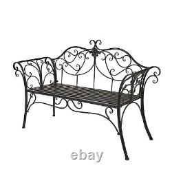 Scroll Design Metal Garden Bench Chair Decor Antique Black Indoor/Outdoor
