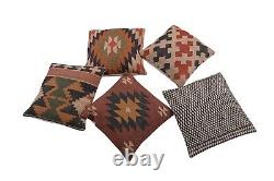 Set of 5 cotton cushion covers with handwoven killim featuring geometric pattern