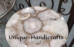 White Agate Coffee Round Table Top, Agate Geode Furniture Table Top Home Decor