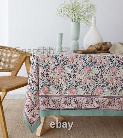 White Floral Design Hand Block Printed Cotton Table Cover With Napkins & Mat Set