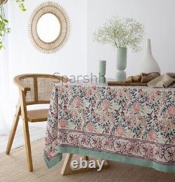 White Floral Design Hand Block Printed Cotton Table Cover With Napkins & Mat Set