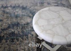 White Quartz Agate Console Side Table Top, Round Quartz Center Sofa Table Decors